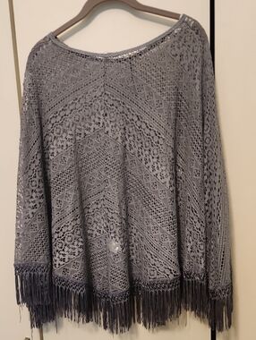 Women's Dusty Blue Gray Crochet Fringe Poncho
